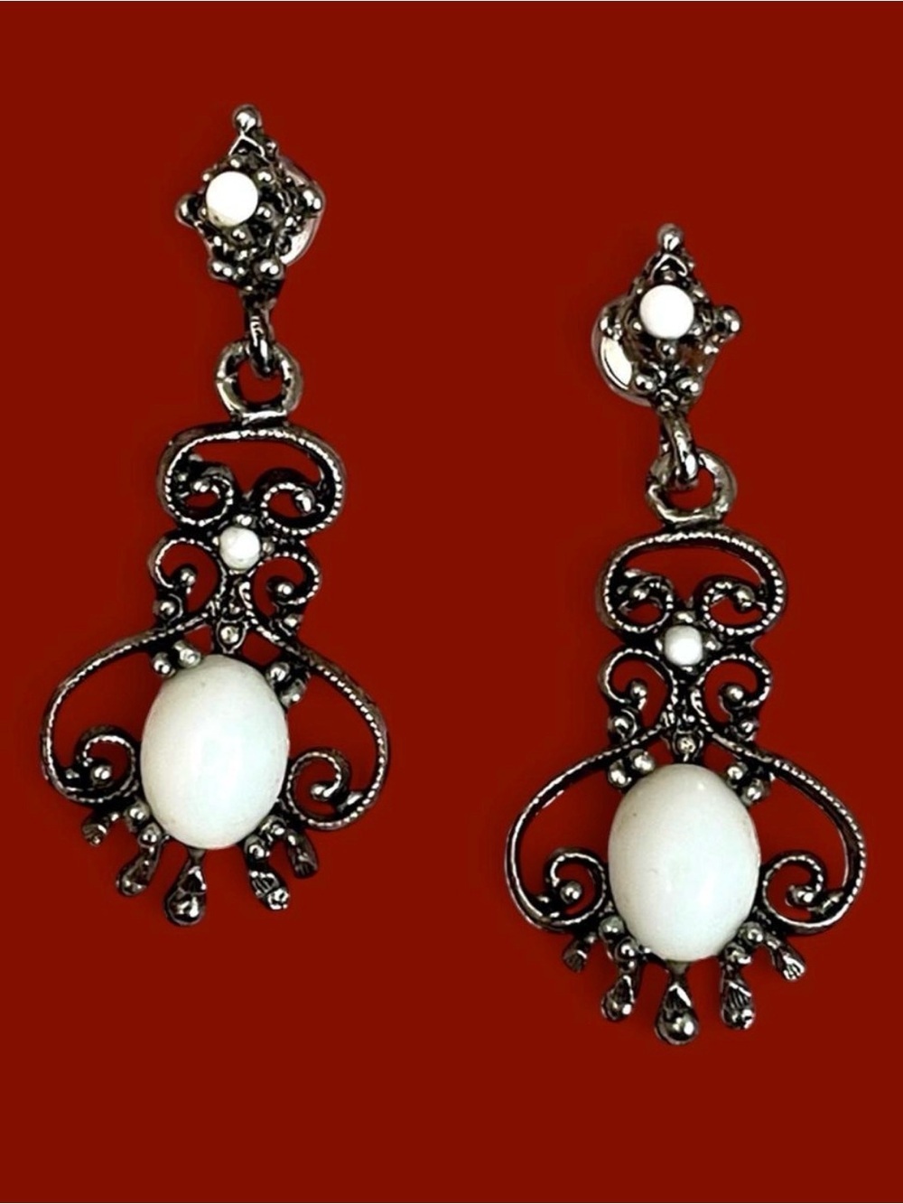 Vintage Victorian Revival Faux Moonstone Filigree Dangle Earrings Gothic Romance